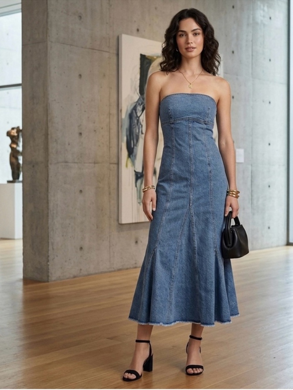Anthropologie Strapless Denim Midi Dress - Blue